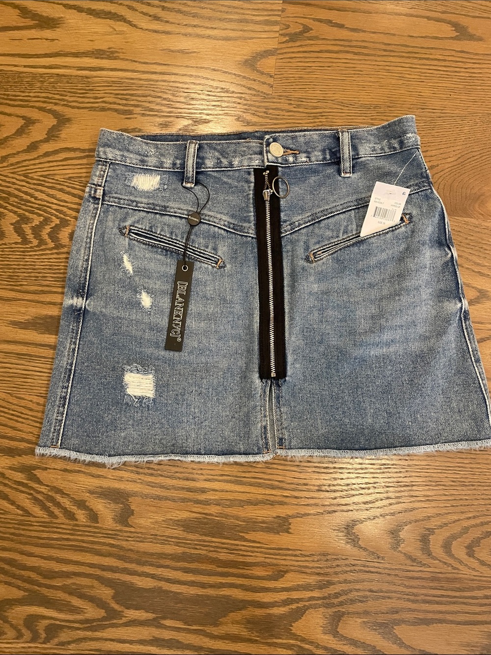 NWT Blank NYC Light Blue Distressed Denim Mini Skirt with Front Zipper, Size 26